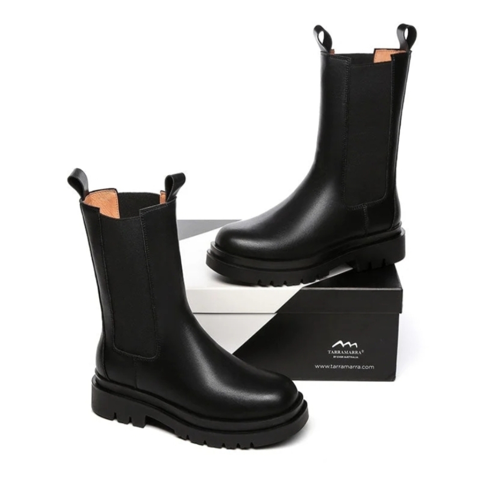 TARRAMARRA® Women Leather Block Heel Black Chunky Boots Sherry NWT